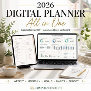 2026 Digitaler Kalender All in One | GoodNotes iPad PDF + Excel Dashboard | Datiert Wöchentlich Monatlich Tagesbudget Gewohnheit Ziel Tracker
