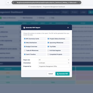 May include: A digital interface window titled Generate PDF Report overlaid on a project management dashboard. The window contains checkboxes for selecting report sections, dropdown menus for paper size A4 and landscape orientation, and a button.
