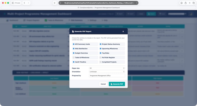 May include: A digital interface window titled Generate PDF Report overlaid on a project management dashboard. The window contains checkboxes for selecting report sections, dropdown menus for paper size A4 and landscape orientation, and a button.