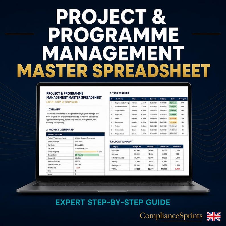May include: A laptop screen showing a project management master spreadsheet. The display includes sections for overview, project dashboard, task tracker, and budget summary. The text reads "Expert Step-by-Step Guide" and "ComplianceSprints".