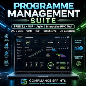 Könnte beinhalten: Ein Laptop mit einem Programme Management Suite Dashboard, das Datenvisualisierungen wie eine EVM-S-Kurve, ein Gantt-Diagramm und Gesundheitswerte anzeigt. Der Bildschirm zeigt Projektkennzahlen, ein Budget von 2,45 Mio. £ und Risikozusammenfassungen.