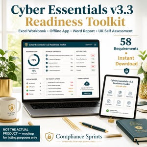 Pode incluir: Maquete de produto digital Cyber Essentials v3.3 Readiness Toolkit com um portátil e um tablet exibindo interfaces de painel, um caderno, uma caneta e uma caneca com um logótipo de escudo, rotulado com 58 Requirements e Instant Download.