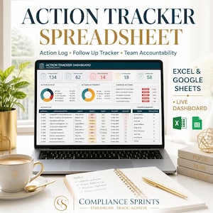 Puede incluir: Una hoja de cálculo de seguimiento de acciones en la pantalla de una computadora portátil, con un panel de control, gráficos, registros de acciones y resúmenes. El texto dice Action Tracker Spreadsheet y Compliance Sprints.