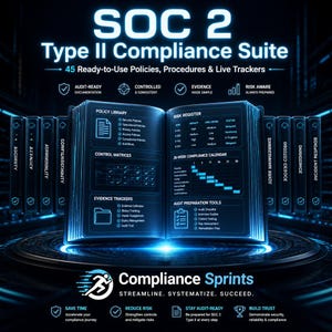 May include: A digital graphic advertising a SOC 2 Type II Compliance Suite. The image shows an open book with charts and graphs, flanked by closed books. Text includes "45 Ready-to-Use Policies, Procedures & Live Trackers" and "Compliance Sprints."