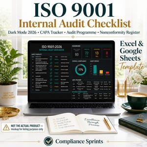 Puede incluir: Una pantalla de portátil muestra una lista de verificación de auditoría interna ISO 9001 en modo oscuro, con un panel de control, rastreador CAPA y registro de no conformidad. Un cuaderno abierto con texto escrito a mano y un bolígrafo dorado.