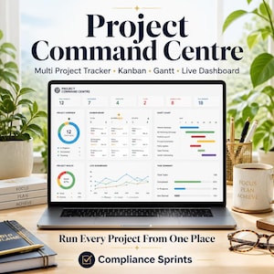 May include: A laptop displaying a Project Command Centre dashboard with a multi-project tracker, Kanban board, Gantt chart, and live data graphs. The screen shows project metrics, task summaries, and status updates for various business workflows.