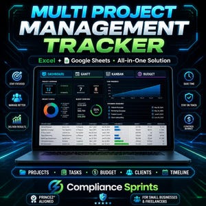 May include: A laptop screen shows a project management tracker with the text "Multi Project Management Tracker." The interface includes dashboards, Gantt charts, and Kanban boards. The software is designed for small businesses and freelancers.