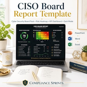 May include: A CISO Board Report template displayed on a laptop screen, featuring a security posture score, risk heatmap, and KPI dashboard. The digital document includes icons for PowerPoint, Word, and Excel, with a notebook and mug nearby.
