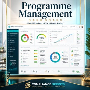 May include: A digital dashboard titled Programme Management Dashboard featuring sections for RAG distribution, portfolio health scores, EVM performance, upcoming milestones, and budget overview with charts, graphs, and data points displayed on a screen.