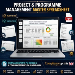 May include: A laptop screen showing a project and programme management master spreadsheet. The display includes compliance, requirement, and risk matrices. The image also features the text "Ready-to-Use" and "Auditor Approved". The ComplianceSprints logo is visible.