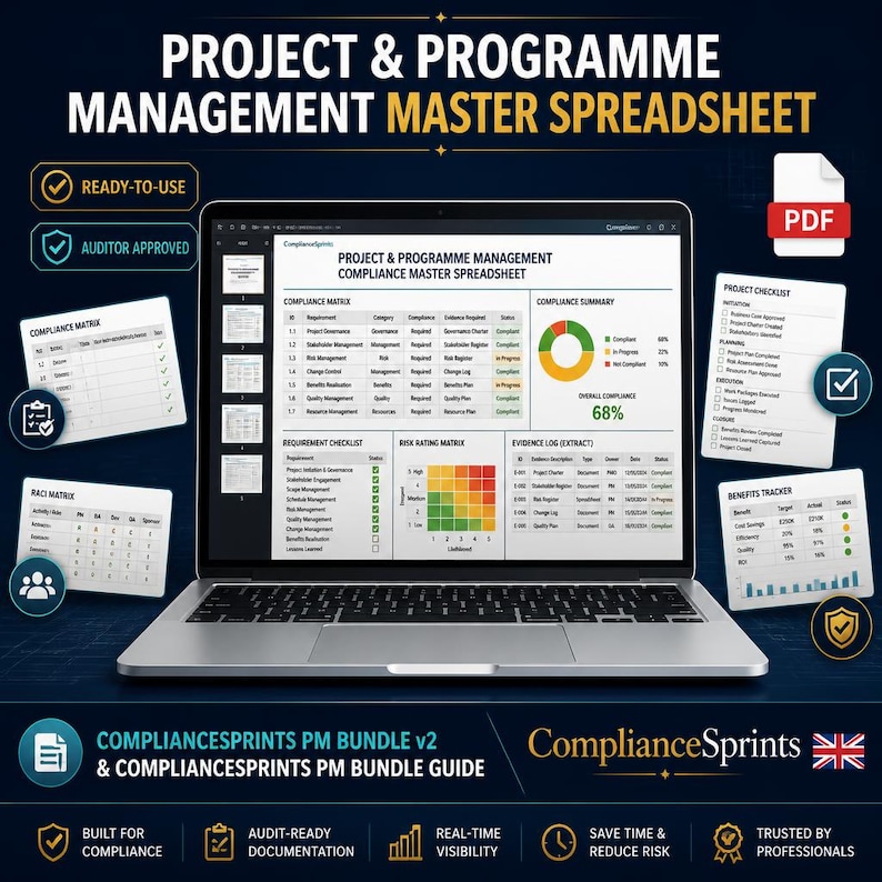 May include: A laptop screen showing a project and programme management master spreadsheet. The display includes compliance, requirement, and risk matrices. The image also features the text "Ready-to-Use" and "Auditor Approved". The ComplianceSprints logo is visible.