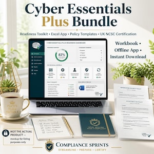 May include: A Cyber Essentials Plus Bundle featuring a laptop displaying a readiness dashboard, a spiral-bound action plan notebook, a dark teal journal, and printed policy documents. Includes text: Cyber Essentials Plus Bundle, Compliance Sprints.