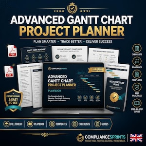 Pode incluir: Anúncio de um Planejador de Projetos de Gráfico de Gantt Avançado. A imagem apresenta um laptop, documentos e ícones. O texto inclui "Planeje de forma mais inteligente, acompanhe melhor, entregue o sucesso" e "Profissional e fácil de usar".