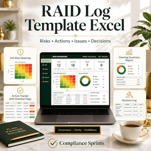 May include: A digital RAID Log Template for Excel displayed on a laptop screen, featuring a dashboard with risk heatmaps, action trackers, and summary reports. The layout includes text labels for Risks, Actions, Issues, and Decisions.