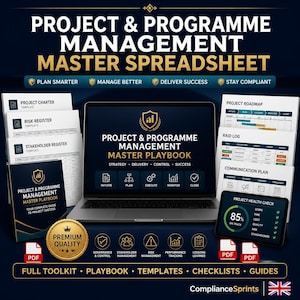 May include: A digital graphic promoting a project management toolkit. The image features a laptop displaying a "Project & Programme Management Master Playbook" and several related documents. The text includes "Plan Smarter," "Manage Better," and "Deliver Success."