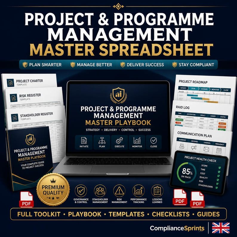 May include: A digital graphic promoting a project management toolkit. The image features a laptop displaying a "Project & Programme Management Master Playbook" and several related documents. The text includes "Plan Smarter," "Manage Better," and "Deliver Success."