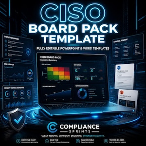 Könnte beinhalten: Eine digitale Grafik, die eine CISO Board Pack Vorlage bewirbt. Das Bild zeigt einen Laptop mit Datenvisualisierungen, umgeben von informativen Grafiken. Der Text enthält "CISO BOARD PACK TEMPLATE" und "FULLY EDITABLE POWERPOINT & WORD TEMPLATES."