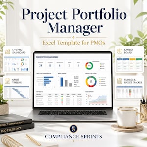 May include: A Project Portfolio Manager Excel template for PMOs displayed on a laptop screen. The dashboard features project metrics, budget overviews, and status charts. Surrounding icons show a Kanban board, Gantt timeline, and RAID log.