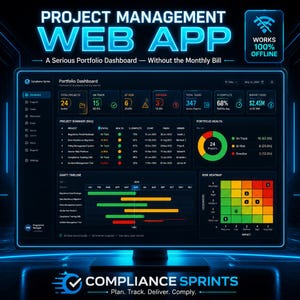Könnte beinhalten: Ein Computerbildschirm, der eine Benutzeroberfläche für eine Projektmanagement-Web-App anzeigt. Der Bildschirm zeigt Projektzusammenfassungen, Gantt-Diagramme und Risikowärmekarten. Text enthält "Project Management Web App" und "Compliance Sprints."