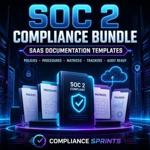 Puede incluir: Un gráfico digital que promociona un paquete de cumplimiento SOC 2. La imagen presenta un fondo oscuro con el texto "SOC 2 COMPLIANCE BUNDLE" en azul y blanco. Incluye "SAAS DOCUMENTATION TEMPLATES" y otros términos relacionados. Se muestran varias carpetas.