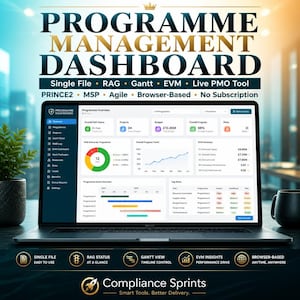May include: A laptop displaying a Programme Management Dashboard with data visualisations, including a RAG status donut chart, a Gantt chart, and EVM summary metrics. The screen shows project overviews, budget tracking, and risk assessments.
