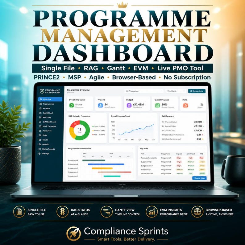 May include: A laptop displaying a Programme Management Dashboard with data visualisations, including a RAG status donut chart, a Gantt chart, and EVM summary metrics. The screen shows project overviews, budget tracking, and risk assessments.