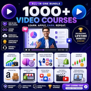 May include: An advertisement for an all-in-one bundle of 1000+ video courses. The image features a man in a blue shirt, icons representing various topics like business, marketing, and e-commerce, and the text "Start Learning Today."
