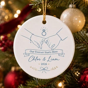 Personalized Engagement Ornament, Custom Couple Names Ceramic Keepsake, Our Forever Starts Here, First Christmas Engaged Gift
