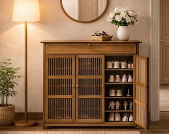 Luxury Wooden Shoe Cabinet – Slim Entryway Storage Bench with Slatted Doors, Modern Hallway Organizer, Hidden Shoe Rack for Small Spaces