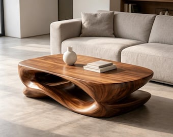 Sculptural Solid Wood Coffee Table Organic Wave Tea Table Unique Handcrafted Centerpiece Minimalist Home Decor Luxury Housewarming Gift