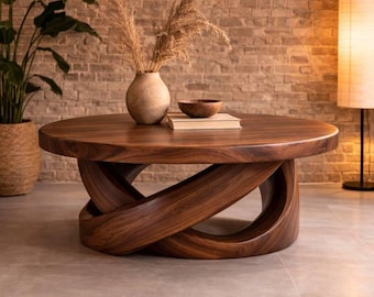 Mesa de centro redonda escultural de madera maciza, mesa de salón con base retorcida hecha a mano, pieza moderna y orgánica.