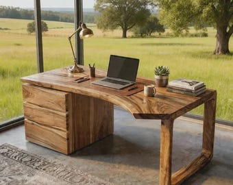 Bureau Live Edge en bois massif avec tiroirs - Poste de travail rustique moderne et ergonomique