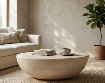 Modern Faux Travertine Oval Coffee Table, Sculptural Cement Coffee Table for Minimalist Living Room Decor