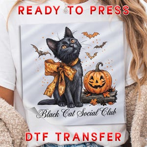 Black Cat Pumpkin Halloween Social Club DTF Transfer, Retro Spooky Season Apparel Print