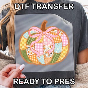 Patchwork Pumpkin DTF Transfer, Gingham Floral Bow Ready To Press Fall Shirt Apparel Print