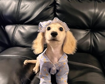 Dachshund Star Print Pajama Set with Hat, Small Dog Sleepwear Outfit