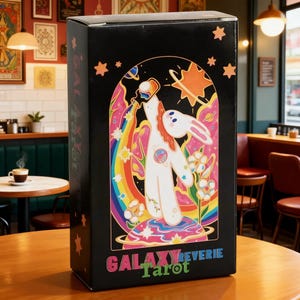Può includere: Una scatola rettangolare nera per mazzi di tarocchi con un'illustrazione colorata di un coniglio bianco in piedi su un pianeta, che versa liquido da una bottiglia nello spazio. La scatola riporta il testo GALAXY REVERIE Tarot in rosa, blu e verde.