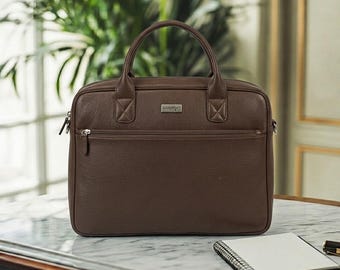 Dark Brown Pebble Leather Briefcase, Mens Laptop Work Bag, Double Handle Front Zip, Fathers Day Gift Him