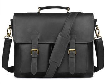 Black Leather Briefcase Men, Full Grain Laptop Messenger Bag, Handmade Office Satchel, Graduation Gift For Him