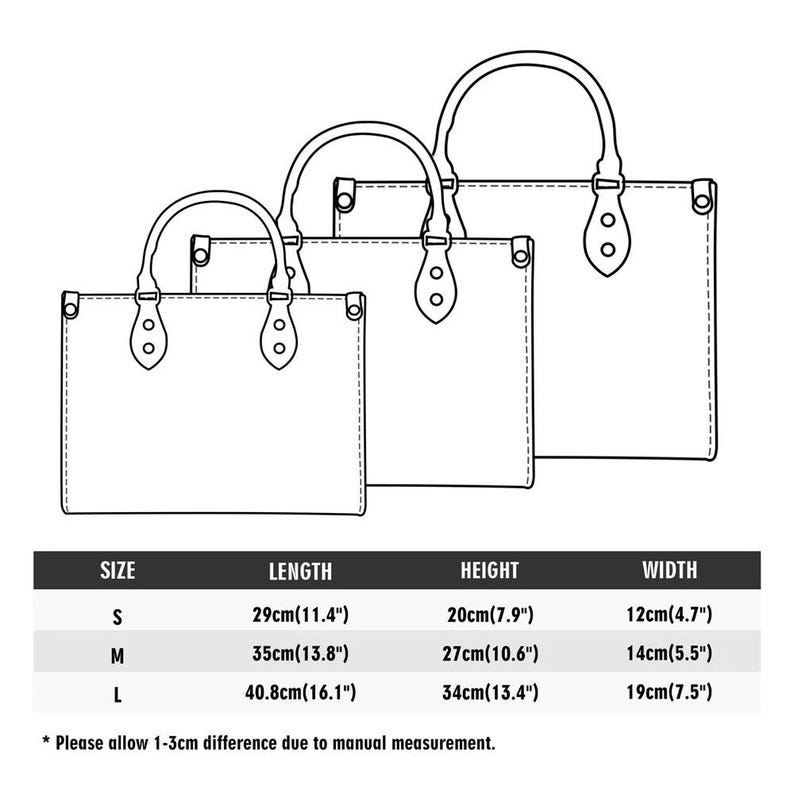 May include: Line drawing of three tote bags in different sizes, with measurements in inches and centimeters. The bags have handles and are labeled S, M, and L. The image includes a size chart with length, height, and width dimensions.