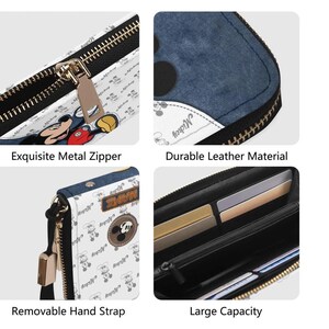 May include: A white wallet with a black zipper and a Mickey Mouse pattern. The wallet has a removable hand strap and a large capacity. The text "Exquisite Metal Zipper", "Durable Leather Material", "Removable Hand Strap", and "Large Capacity" are visible.