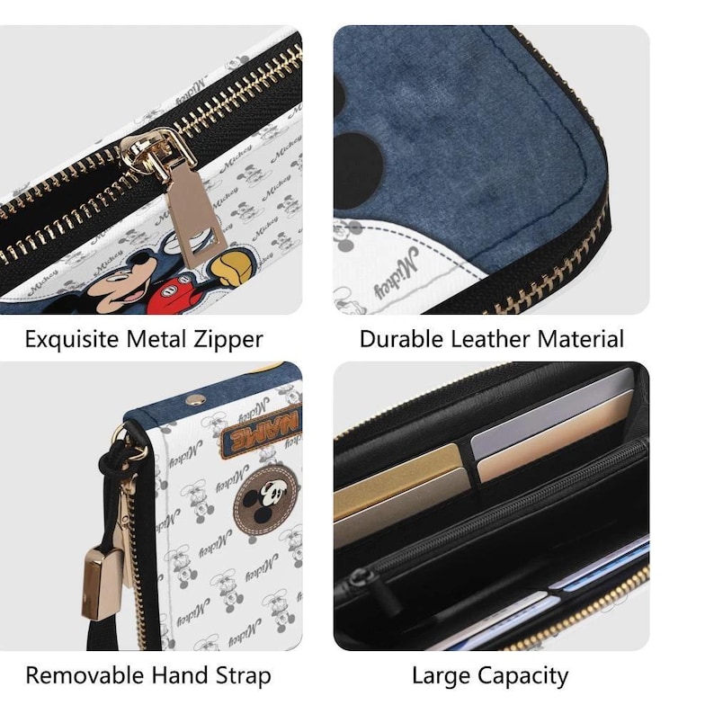 May include: A white wallet with a black zipper and a Mickey Mouse pattern. The wallet has a removable hand strap and a large capacity. The text "Exquisite Metal Zipper", "Durable Leather Material", "Removable Hand Strap", and "Large Capacity" are visible.