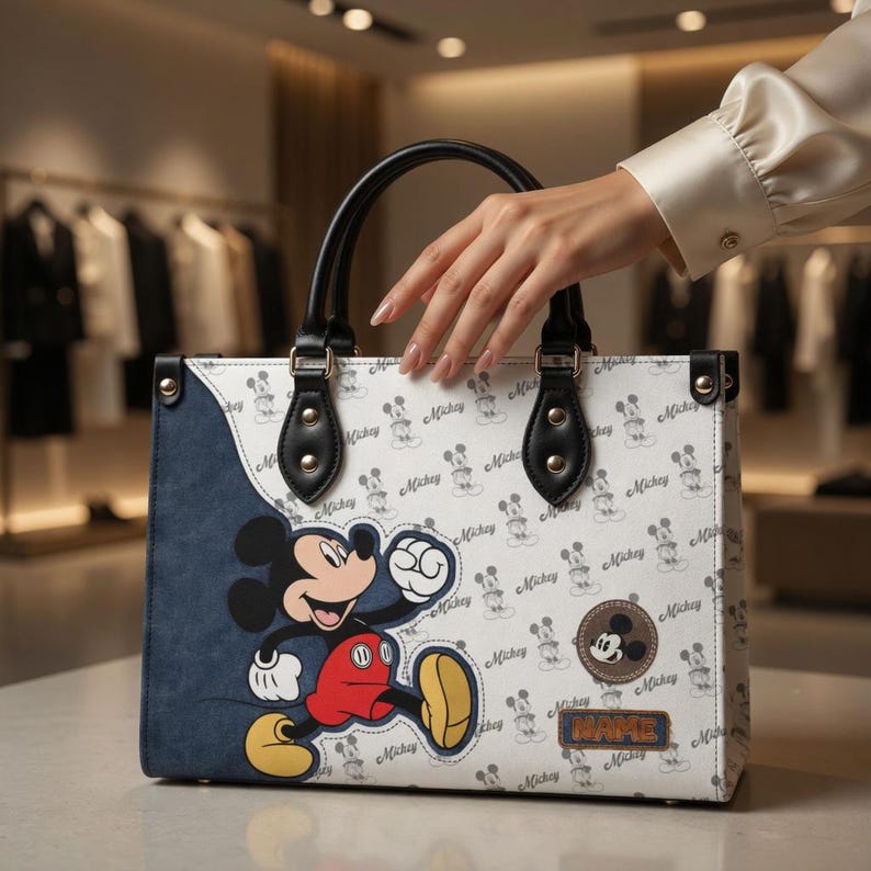 May include: A white and blue tote bag featuring Mickey Mouse. The bag has a black handle and a repeating Mickey Mouse pattern. The front of the bag has a large image of Mickey Mouse in his classic pose. The bag also has a patch that says "NAME".