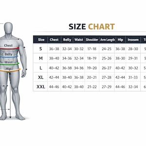 Puede incluir: Una tabla de tallas con una silueta humana gris y l&iacute;neas de medici&oacute;n para hombros, pecho, vientre, cintura, cadera, entrepierna y altura total. Una tabla enumera las tallas de la S a la XXL con sus medidas correspondientes en pulgadas.