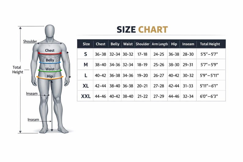 Puede incluir: Una tabla de tallas con una silueta humana gris y l&iacute;neas de medici&oacute;n para hombros, pecho, vientre, cintura, cadera, entrepierna y altura total. Una tabla enumera las tallas de la S a la XXL con sus medidas correspondientes en pulgadas.