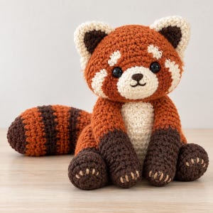 Könnte beinhalten: Ein handgefertigtes Häkel-Plüschtier in Form eines kleinen Pandas mit rostorangem Körper, cremefarbenem Gesicht und Brustbereich sowie dunkelbraunen Gliedmaßen. Das Stofftier hat große schwarze Sicherheitsaugen, eine gestickte Nase und einen langen, geringelten Schwanz mit abwechselnden rostorangen und dunkelbraunen Streifen.