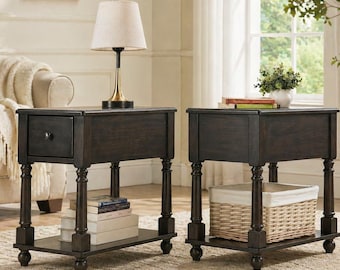 Solid Wood  Mid-Century Narrow Nightstand with Drawer End Tables