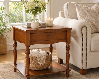 Anne Queen Solid Wood End Table with Drawer Storage Shelf and Roman Legs