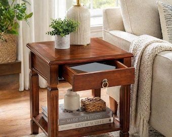 Solid Wood End Table with Drawer and Shelf Cherry Side Table Living Room