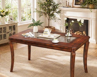 Cherry Wood Dining Table for 6 with Glass Top Vintage Rectangular Kitchen Dining Table